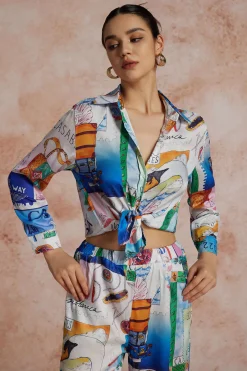 MICAS Long Sleeve Tops|Long Sleeves Tops-Artistic Print Collar Long-Sleeve Shirt BLUE