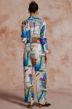 MICAS Long Sleeve Tops|Long Sleeves Tops-Artistic Print Collar Long-Sleeve Shirt BLUE