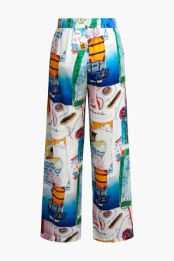 MICAS Pants-Artistic Print Wide Leg Trousers BLUE