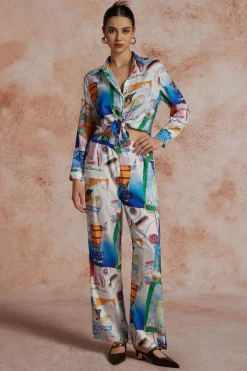 MICAS Pants-Artistic Print Wide Leg Trousers BLUE