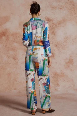 MICAS Pants-Artistic Print Wide Leg Trousers BLUE