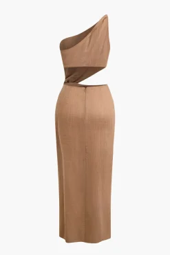 MICAS Maxi Dresses-Asymmetric Cut Out Ruched Twist Slit Maxi Dress TAN