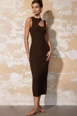 MICAS Midi Dresses-Asymmetric Cut Out Sleeveless Slit Midi Dress COFFEE
