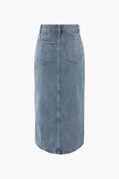 MICAS Skirts-Asymmetric Denim Wrap Slit Skirt LIGHT WASH BLUE