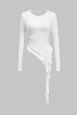 MICAS Long Sleeve Tops|Long Sleeves Tops-Asymmetric Faux Leather Long-Sleeve Top WHITE