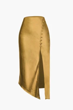 MICAS Skirts-Asymmetric Hem Slit Button Deco Skirt