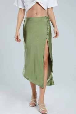 MICAS Skirts-Asymmetric Hem Slit Button Deco Skirt