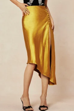 MICAS Skirts-Asymmetric Hem Slit Button Deco Skirt