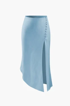 MICAS Skirts-Asymmetric Hem Slit Button Deco Skirt