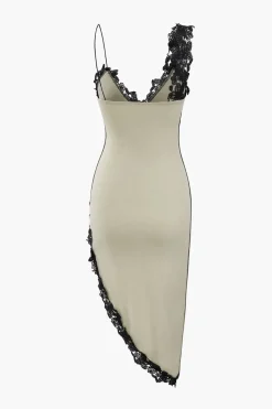 MICAS Midi Dresses-Asymmetric Lace Panel Midi Dress BEIGE