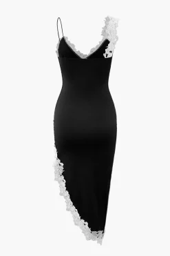 MICAS Midi Dresses-Asymmetric Lace Panel Midi Dress BEIGE