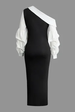 MICAS Long Sleeve Dresses|Maxi Dresses-Asymmetric Lantern Sleeve Slit Midi Dress BLACK