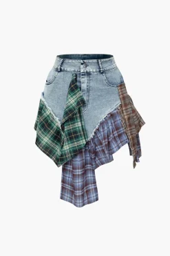 MICAS Skirts-Asymmetric Patchwork Denim Mini Skirt MULTICOLOR