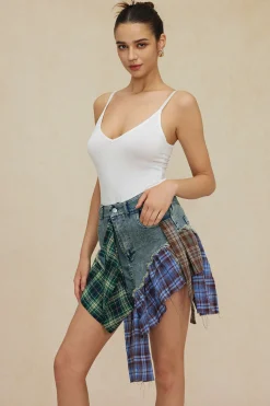 MICAS Skirts-Asymmetric Patchwork Denim Mini Skirt MULTICOLOR