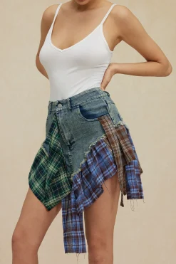 MICAS Skirts-Asymmetric Patchwork Denim Mini Skirt MULTICOLOR