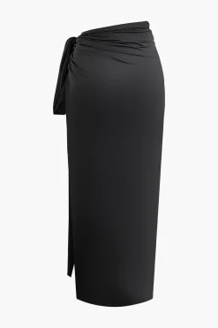 MICAS Skirt Sets-Asymmetric Ruched Cami Top And Tie Split Maxi Skirt Set BLACK