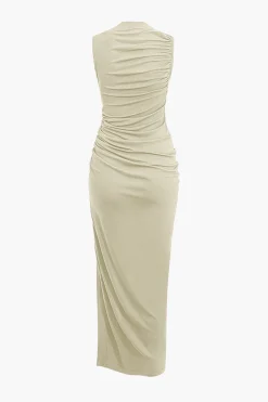 MICAS Maxi Dresses-Asymmetric Ruched Drawstring Slit Sleeveless Maxi Dress