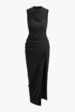 MICAS Maxi Dresses-Asymmetric Ruched Drawstring Slit Sleeveless Maxi Dress