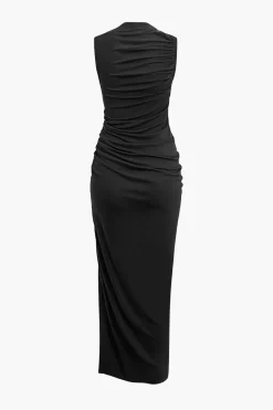 MICAS Maxi Dresses-Asymmetric Ruched Drawstring Slit Sleeveless Maxi Dress