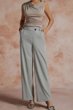 MICAS Pants-Asymmetric Waist Ruched Straight Leg Pants PEARL RIVER