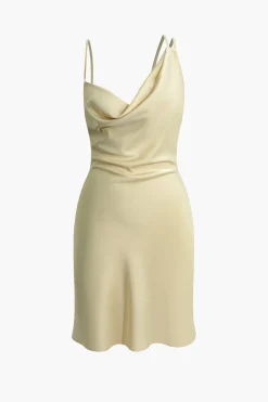 MICAS Mini Dresses-Asymmetrical Cowl Neck Backless Slip Mini Dress BEIGE