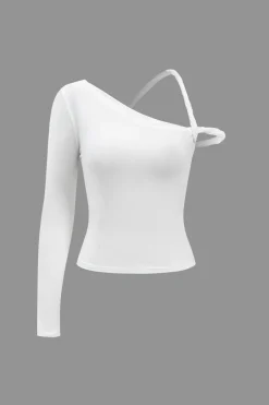 MICAS Long Sleeve Tops|Long Sleeves Tops-Asymmetrical Design Long-Sleeve Top WHITE