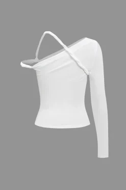 MICAS Long Sleeve Tops|Long Sleeves Tops-Asymmetrical Design Long-Sleeve Top WHITE