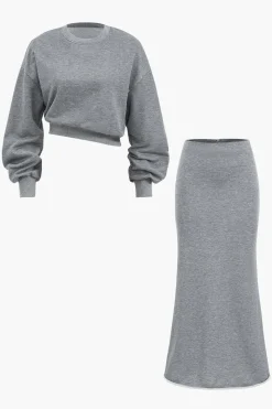 MICAS Skirt Sets-Asymmetrical Design Top And Skirt Set GRAY