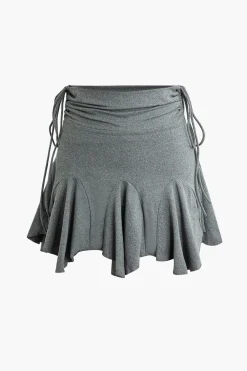 MICAS Skirts-Asymmetrical Drawstring Ruched Mini Skirt GRAY