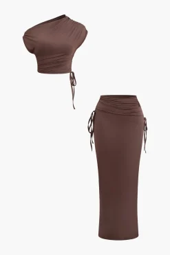 MICAS Skirt Sets|Vacation Sets-Asymmetrical Drawstring Short Sleeve Crop Top And Maxi Skirt Set