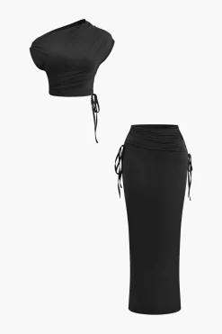 MICAS Skirt Sets|Vacation Sets-Asymmetrical Drawstring Short Sleeve Crop Top And Maxi Skirt Set