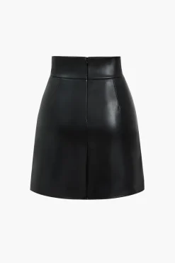 MICAS Skirts-Asymmetrical Faux Leather Skirt BLACK