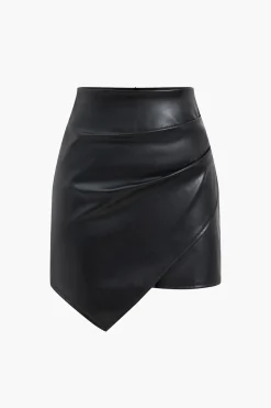 MICAS Skirts-Asymmetrical Faux Leather Ruched Skirt