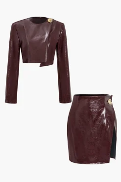 MICAS Skirt Sets-Asymmetrical Faux Leather Skirt Set BURGUNDY