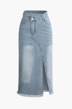MICAS Skirts-Asymmetrical Frayed Hem Slit Denim Midi Skirt LIGHT WASH BLUE