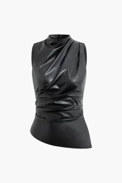 MICAS Tank Tops & Cami-Asymmetrical Hem Faux Leather Mock Neck Ruched Sleeveless Top