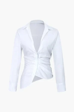 MICAS Long Sleeve Tops|Long Sleeves Tops-Asymmetrical Hem Pleated Shirt WHITE
