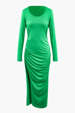 MICAS Long Sleeve Dresses|Maxi Dresses-Asymmetrical Hem Round Neck Ruched Long Sleeve Maxi Dress GREEN