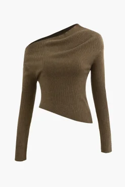 MICAS Knitwear|Knit Tops-Asymmetrical Long Sleeve Rib Knit Top TAN