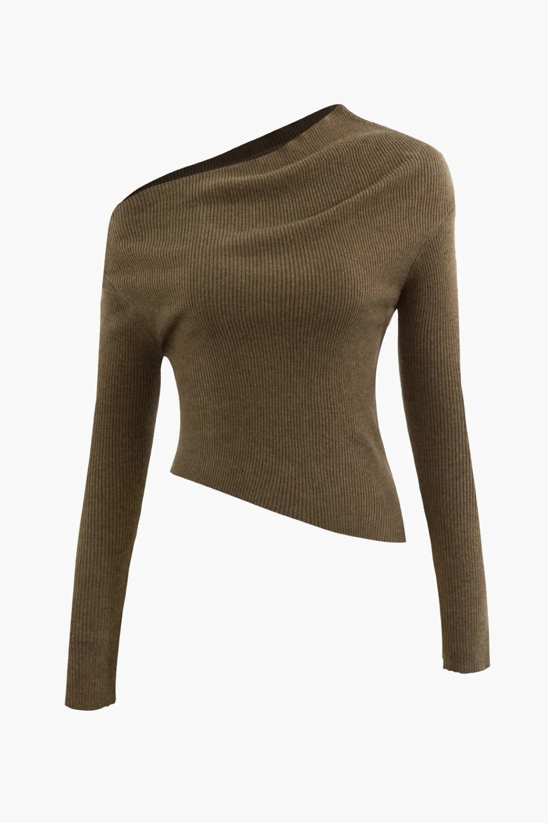 MICAS Knitwear|Knit Tops-Asymmetrical Long Sleeve Rib Knit Top TAN