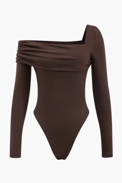 MICAS Bodysuits-Asymmetrical Long Sleeve Bodysuit BROWN