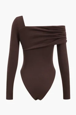 MICAS Bodysuits-Asymmetrical Long Sleeve Bodysuit BROWN