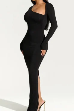 MICAS Long Sleeve Dresses|Maxi Dresses-Asymmetrical Neck Slit Maxi Dress