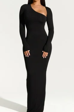 MICAS Long Sleeve Dresses|Maxi Dresses-Asymmetrical Neck Slit Maxi Dress