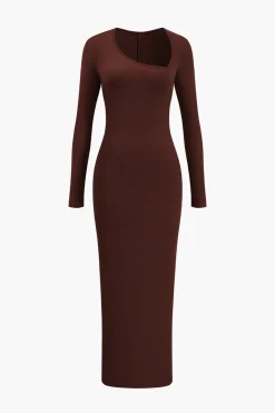 MICAS Long Sleeve Dresses|Maxi Dresses-Asymmetrical Neck Slit Maxi Dress