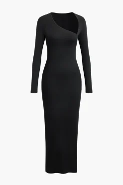 MICAS Long Sleeve Dresses|Maxi Dresses-Asymmetrical Neck Slit Maxi Dress