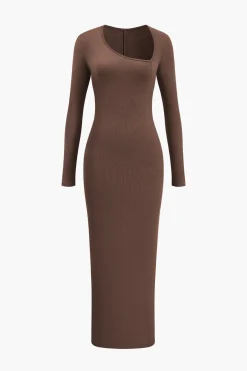 MICAS Long Sleeve Dresses|Maxi Dresses-Asymmetrical Neck Slit Maxi Dress