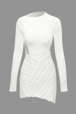 MICAS Long Sleeve Dresses|Knitwear-Asymmetrical Ripped Cut Out Knit Long Sleeve Mini Dress