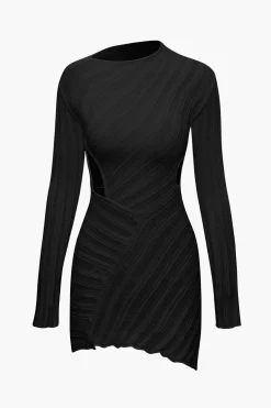 MICAS Long Sleeve Dresses|Knitwear-Asymmetrical Ripped Cut Out Knit Long Sleeve Mini Dress