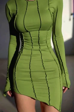 MICAS Long Sleeve Dresses|Mini Dresses-Asymmetrical Round Neck Seam Detail Long Sleeve Mini Dress GREEN